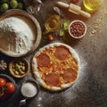 Illustration of pizza preparation. Baking ingredients on the kitchen table: rolled dough, mozzarella, tomatoes sauce, basil, olive Royalty Free Stock Photo