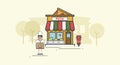 Illustration of pizza shop and delivery man