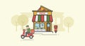 Illustration of pizza shop and delivery man