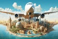 Illustration of a plane in the foreground flying over a set of monuments surrounded by sea. World travel concept Royalty Free Stock Photo