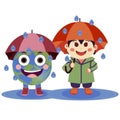 An illustration of planet Earth and a boy laughing with an umbrella in the rain.