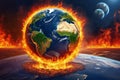 Illustration of the planet Earth burning in flames, surrounded by fire. Global warming, climate change, Earth is getting hot. War Royalty Free Stock Photo