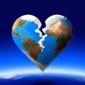 Illustration with planet earth in the shape of a broken heart floating in the sky Royalty Free Stock Photo