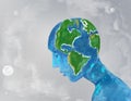 Illustration of the planet earth in the form of a man. Ecology, global issues, globality. Pensive planet silhouette