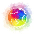 Illustration of planet earth with rainbow watercolor splashes and ink strokes on white background. Royalty Free Stock Photo