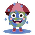 Illustration of planet Earth with an umbrella laughing in the rain.
