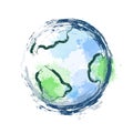 Illustration of planet earth with watercolor splashes and ink strokes on white background. Royalty Free Stock Photo