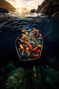 Illustration of plastic waste in the ocean drifting in the sea on a raft. Royalty Free Stock Photo
