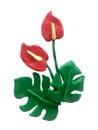 3d illustration, plasticine sculpture. tropical bouquet of monstera flowers and leaves.