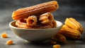 Illustration of a plate of churros with sugar, prepared in the typical style of Spanish cuisine. Illustration generated with AI