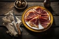 illustration, plate of delicious iberiam hamon a wooden table background, ai generative