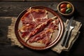 illustration, plate of delicious iberiam hamon a wooden table background, ai generative