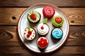 Illustration of a plate of different cupcakes with different color icing on a wooden background, delicious pastry, generative ai