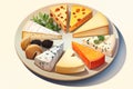 illustration of a plate with different pieces of cheese. Generative AI