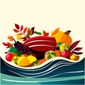 Illustration of a plate full of autumn fruits and vegetables on a white background AI Generated