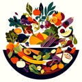 Illustration of a plate full of vegetables and fruits on a white background AI generated