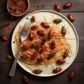 Italian spaghetti in tomato and vivid bugs sauce with fork. Lightly seared insects. Generative AI (Real 300 DPI)