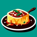 Illustration of a plate of lasagna on a green background. Generative AI