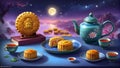 illustration of a plate of mooncakes beautifully arranged on a table with teapot at night. Generative Ai. Stock Photo