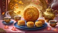 illustration of a plate of mooncakes beautifully arranged on a tray with teapot. Generative Ai. Stock Photo