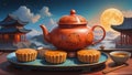 Illustration of a plate of mooncakes placed next to a set of red-brown ceramic tea pots. Generative Ai. Stock Photo Royalty Free Stock Photo