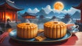 Illustration of a plate of mooncakes placed next to a set of white porcelain tea cup. Generative Ai. Stock Photo