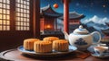 Illustration of a plate of mooncakes placed next to a set of white porcelain tea pots. Generative Ai. Stock Photo