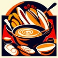 Illustration of a plate of soup with bread and cream. Vector Generative AI