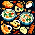 Illustration of a plate of soup with vegetables, bread and cheese generative AI