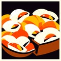 Illustration of a plate of sushi and rolls on a black background AI Generated