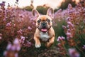 Playful French Bulldog Puppy Exploring a Field of Flowers, Generative AI