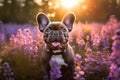 Playful French Bulldog Puppy Exploring a Field of Flowers, Generative AI