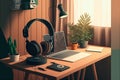 Illustration of a podcast recording home studio, warm and tidy environment. Ai generated Royalty Free Stock Photo