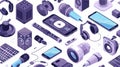 An illustration of a podcasting business landing page with isometric media equipment, microphones, smartphones, and