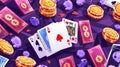 Illustration of poker cards, cash, silver coins, cartoon aces on a casino banner. Modern landing page of online gambling Royalty Free Stock Photo