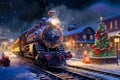 Illustration of Polar Express concept during Christmas time at the train station with decorations