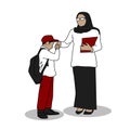 illustration of the polite attitude of a child when saying goodbye to parents or teachers by shaking hands and kissing hands