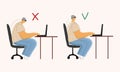 Illustration of poor and good postures during everyday computer work