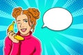 Illustration of pop art woman holding banana with funny pose. Illustration with pop art retro comic style