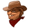 Illustration of a portrait of a bandit, a robber from the wild west, smiling, wearing a mask, a hat and no tooth
