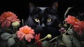 portrait of beautiful black cat and flowers on dark background Royalty Free Stock Photo