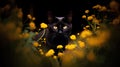 portrait of beautiful black cat and flowers on dark background Royalty Free Stock Photo