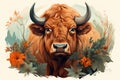 illustration portrait of a bison or aurochs among flowers