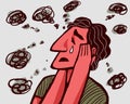 Illustration of a portrait of a crying man in depression and anxiety, who holds his head with his hands, bad negative thoughts