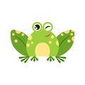 Illustration of cartoon cheerful frog. Cute winking frog face