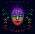 Illustration of a portrait of a girl on a dark background, with a third eye. Meditation in a state of harmony, with curls of Royalty Free Stock Photo