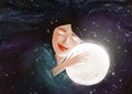 Illustration of a portrait of a girl sleeping, in peace, with a smile on her face. Woman hugs the moon, sleeping man. Good sleep, Royalty Free Stock Photo