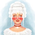 Illustration of a portrait of a girl in the style of the 17th and 18th centuries, in a white wig, white dress and a velvet ribbon Royalty Free Stock Photo