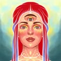 illustration portrait of a girl with a third eye, meditation, supersenses, enlightenment, supernatural. Royalty Free Stock Photo