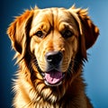 Illustration portrait of a golden retriever with his tongue hanging out, on a blue background with side light Royalty Free Stock Photo